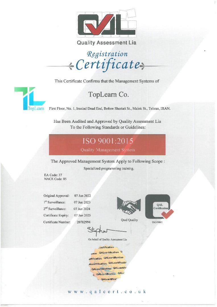 گواهی نامه 9001:2015 ISO سیستم مدیریت کیفیت تاپلرن