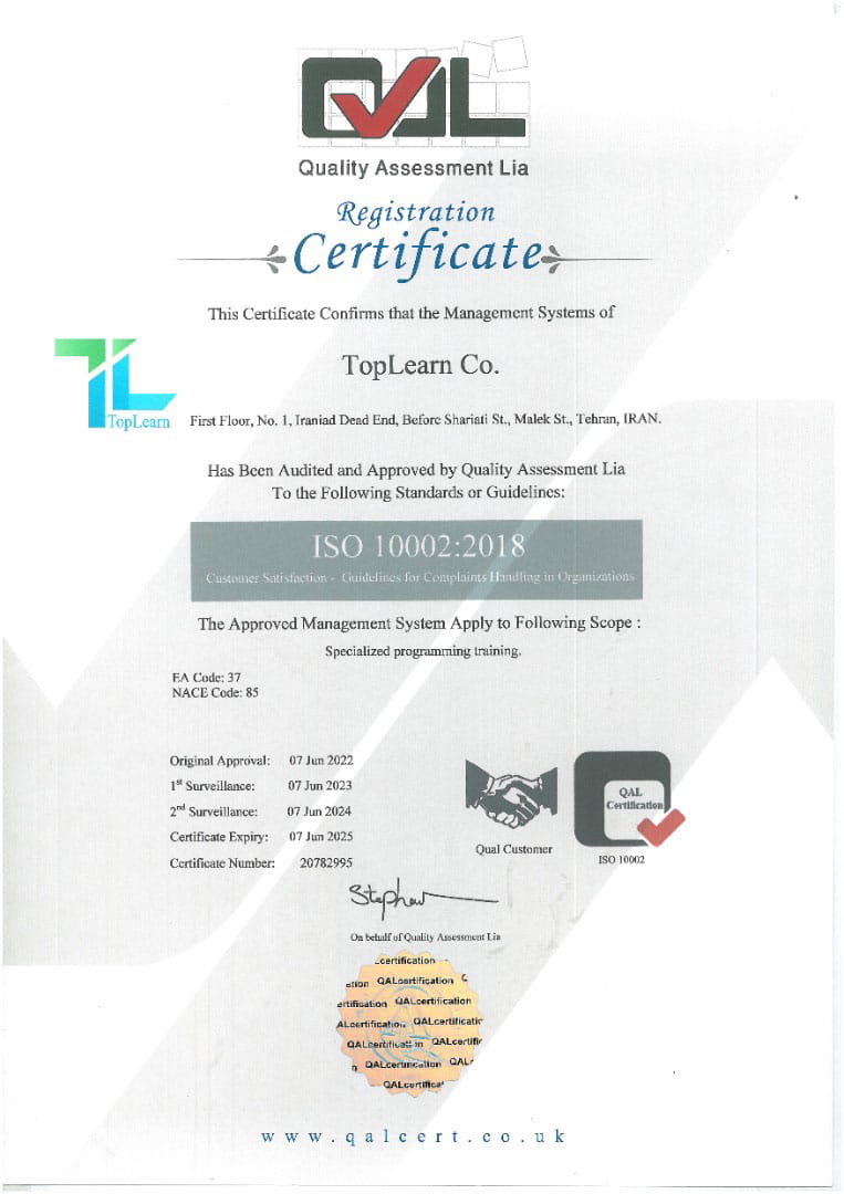 گواهی نامه ISO 10002:2018 رضایت مشتری -سیستم مدیریت رسیدگی به شکایات تاپلرن